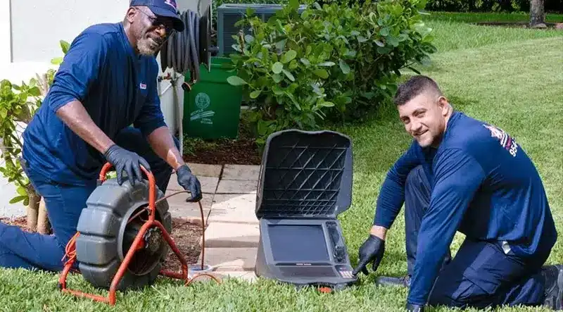 plumber employees of 4 Star Plumbing Services inspecting drain