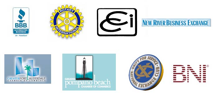 logo of bbb, rotary international, new river business exchange, greater fort lauderdale chamber of commerce, greater pompano beach chamber of commerce, unity for service national exchange club and BNI