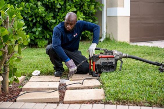 plumber clearing drain with hydro jet