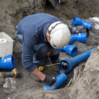 worker installing underground pipes for sewer