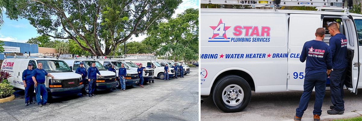 plumbers preparing for commercial water heater maintenance, 4star team in front of service vans