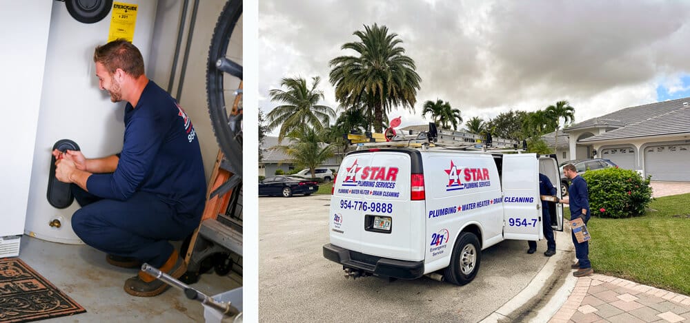 technician prepping for different tank type water heaters, Plumber servicing a hybrid water heater