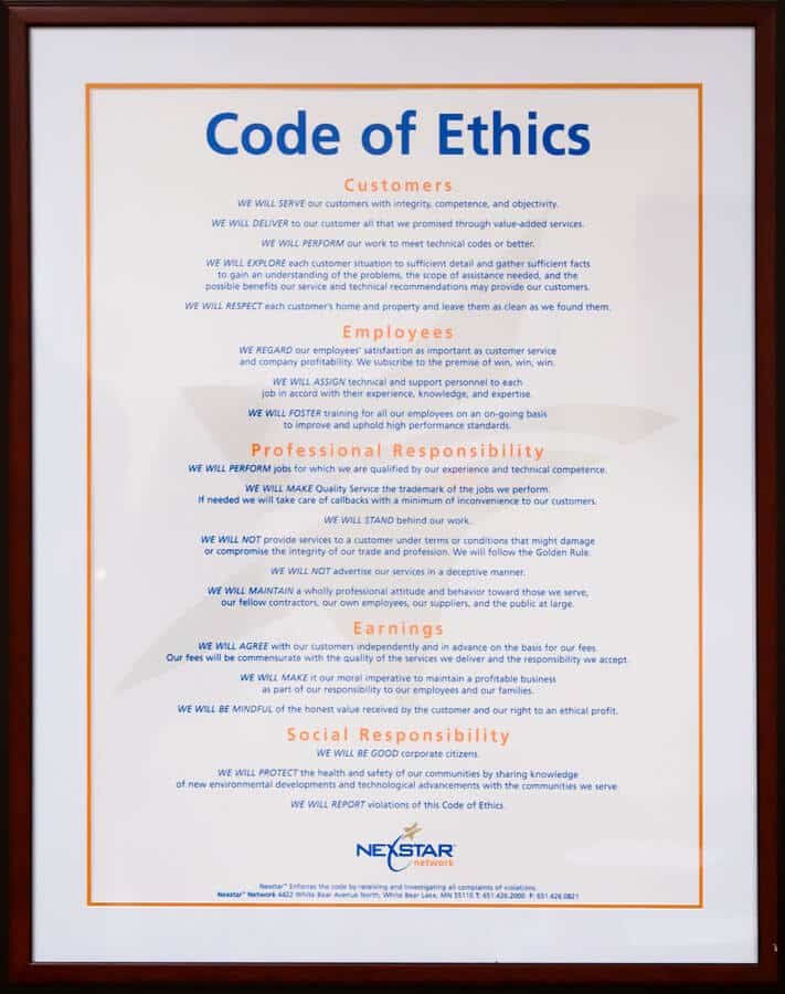 framed office picture of our standards and code of ethics
