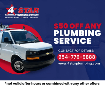4 star plumbing services $50 off any plumbing service promotion call 954-776-9888. Not valid after hours or combined with any other offers